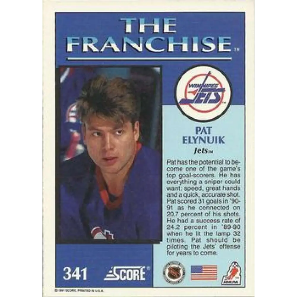 1991-92 Score American #341 Pat Elynuik NM-MT Winnipeg Jets Hockey Card  Image 2
