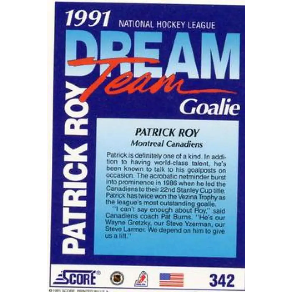 1991-92 Score American #342 Patrick Roy NM-MT Montreal Canadiens Hockey Card  Image 2