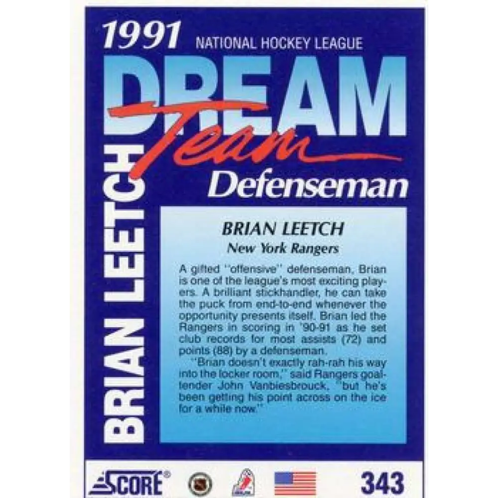 1991-92 Score American #343 Brian Leetch NM-MT New York Rangers Hockey Card  Image 2