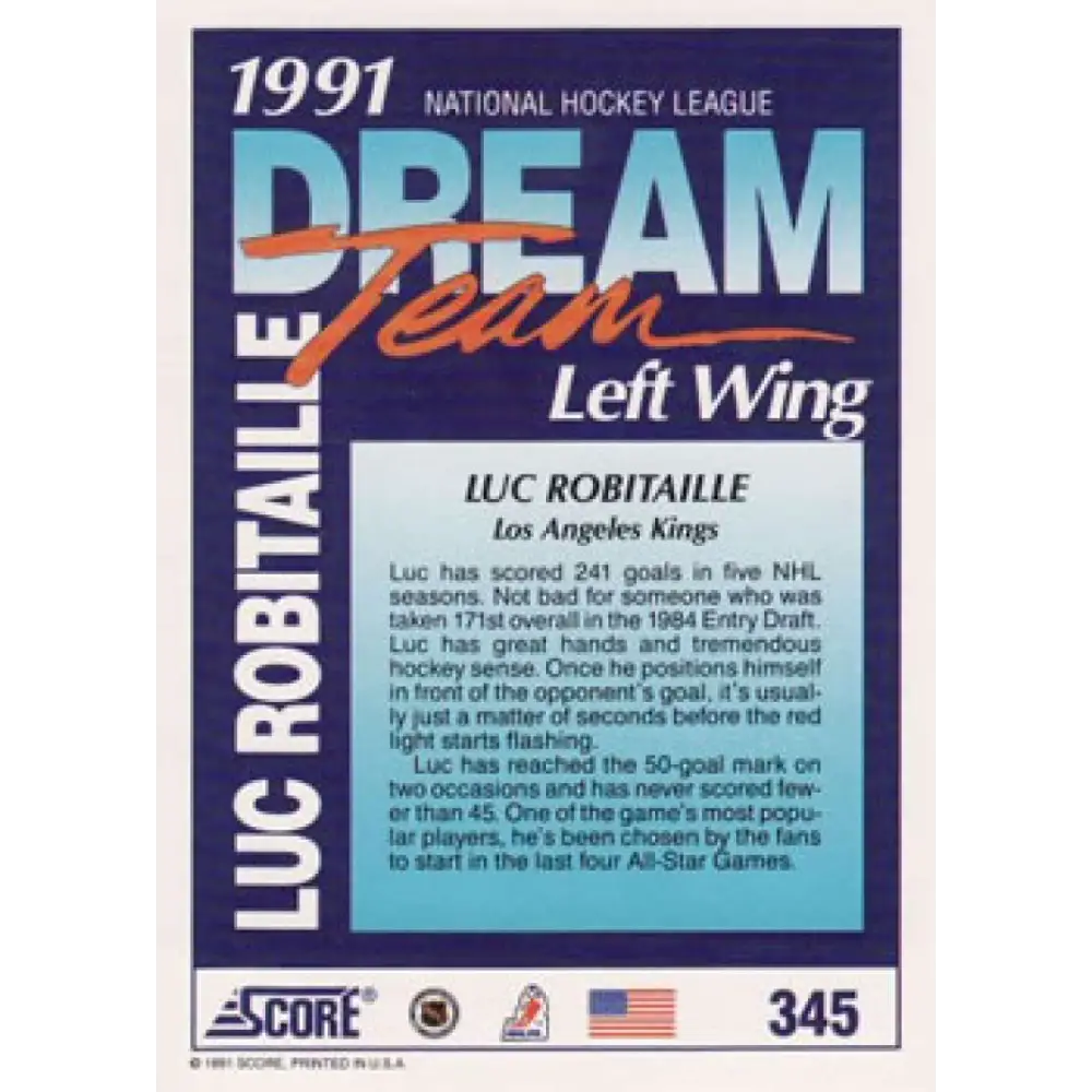 1991-92 Score American #345 Luc Robitaille NM-MT Los Angeles Kings Hockey Card  Image 2