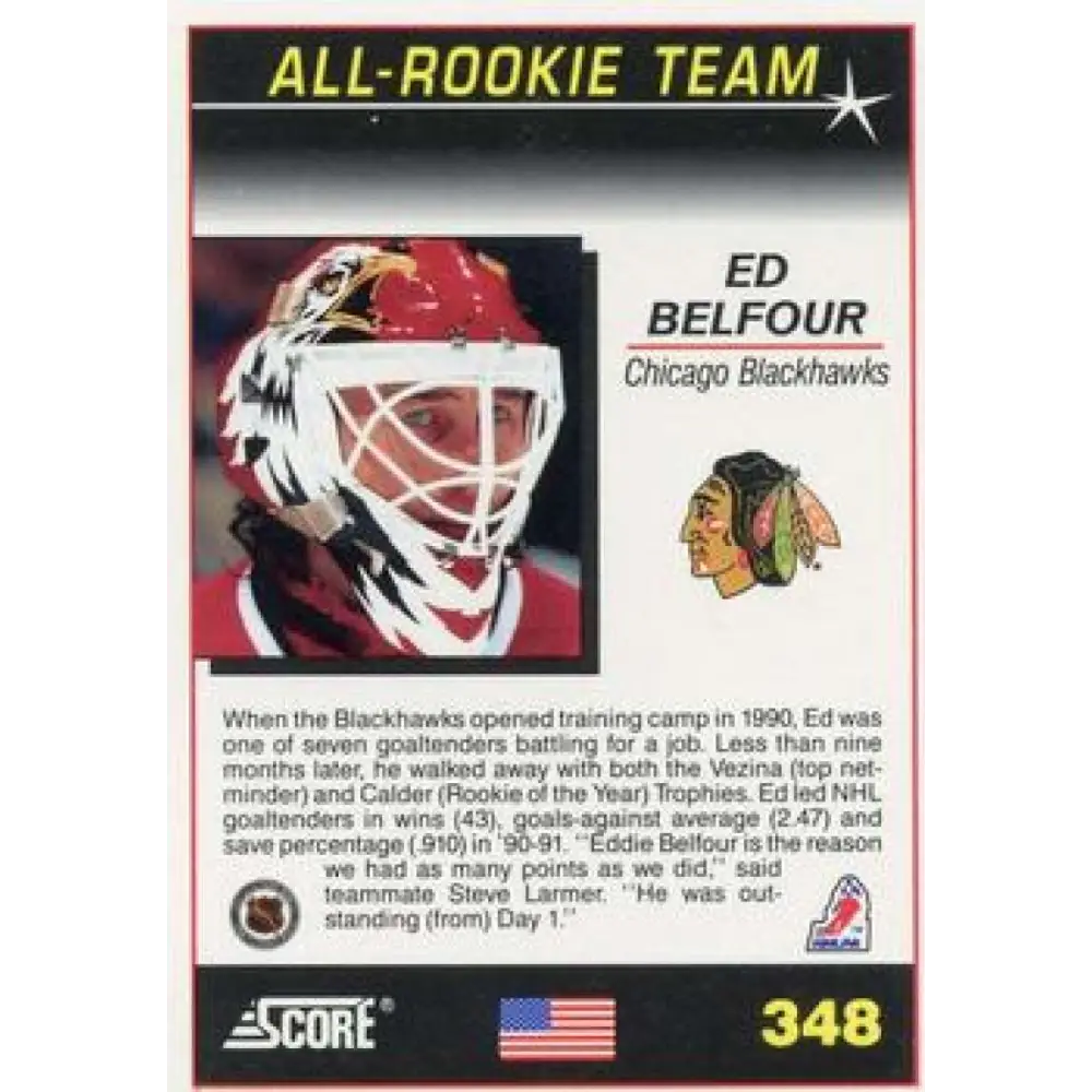 1991-92 Score American #348 Ed Belfour NM-MT Chicago Blackhawks Hockey Card  Image 2