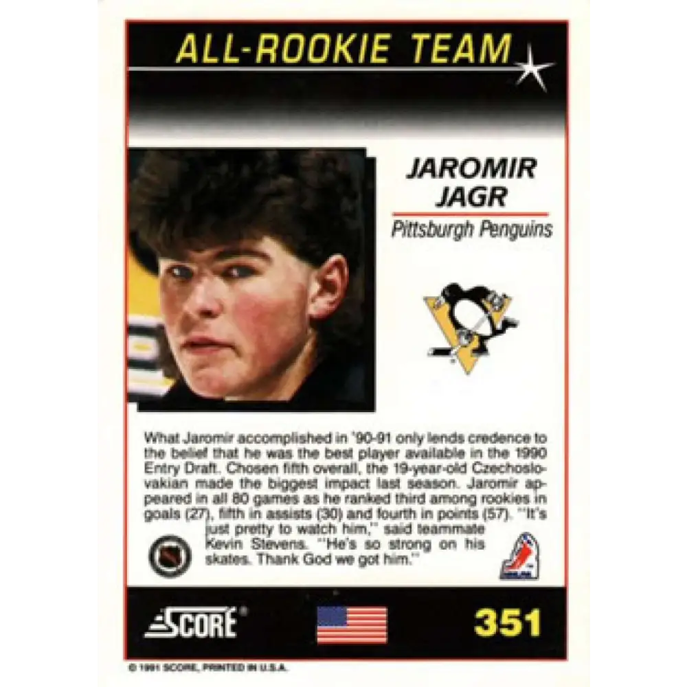 1991-92 Score American #351 Jaromir Jagr NM-MT Pittsburgh Penguins Hockey Card  Image 2