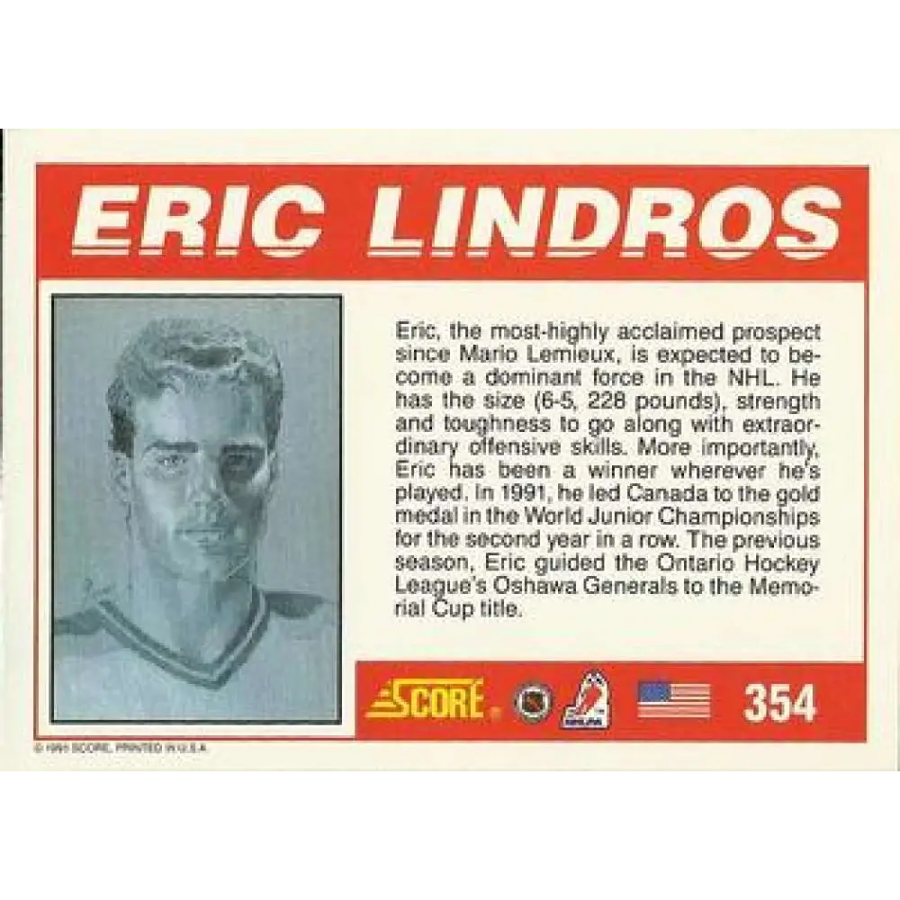 1991-92 Score American #354 Eric Lindros NM-MT Hockey Card  Image 2