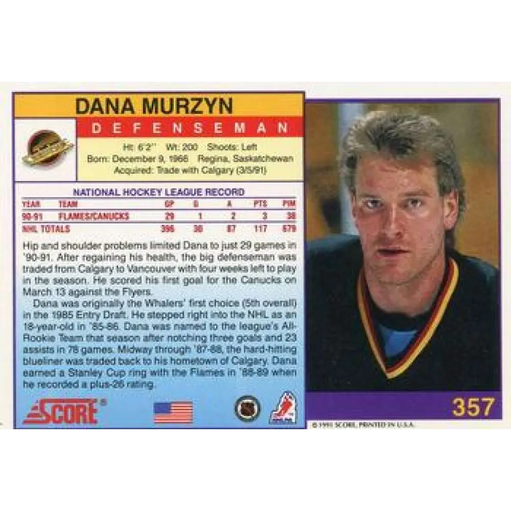 1991-92 Score American #357 Dana Murzyn NM-MT Vancouver Canucks Hockey Card  Image 2