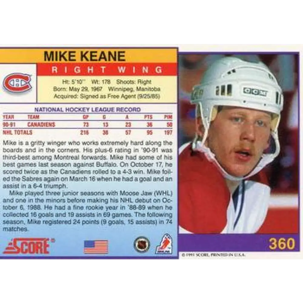 1991-92 Score American #360 Mike Keane NM-MT Montreal Canadiens Hockey Card  Image 2