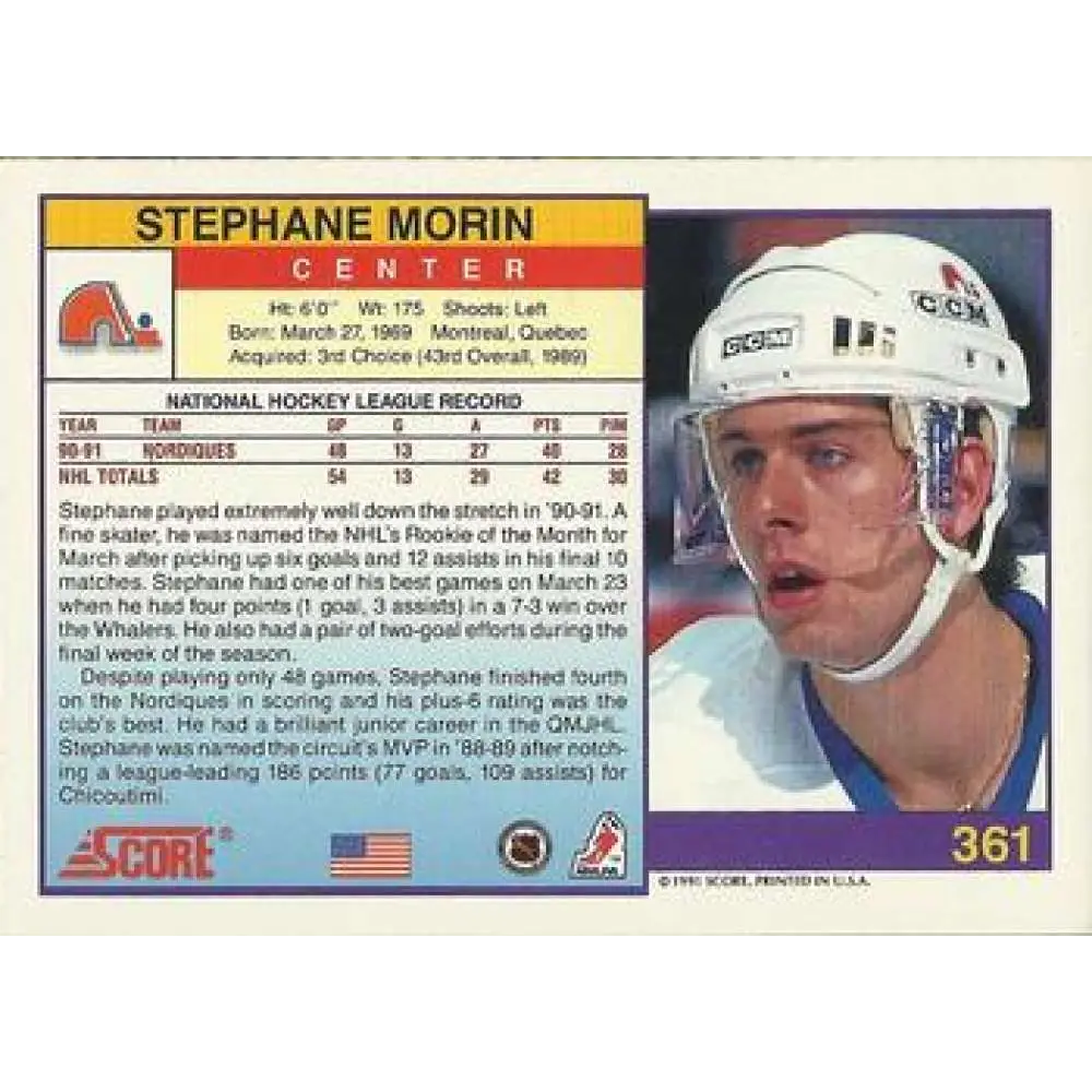 1991-92 Score American #361 Stephane Morin NM-MT Quebec Nordiques Hockey Card  Image 2