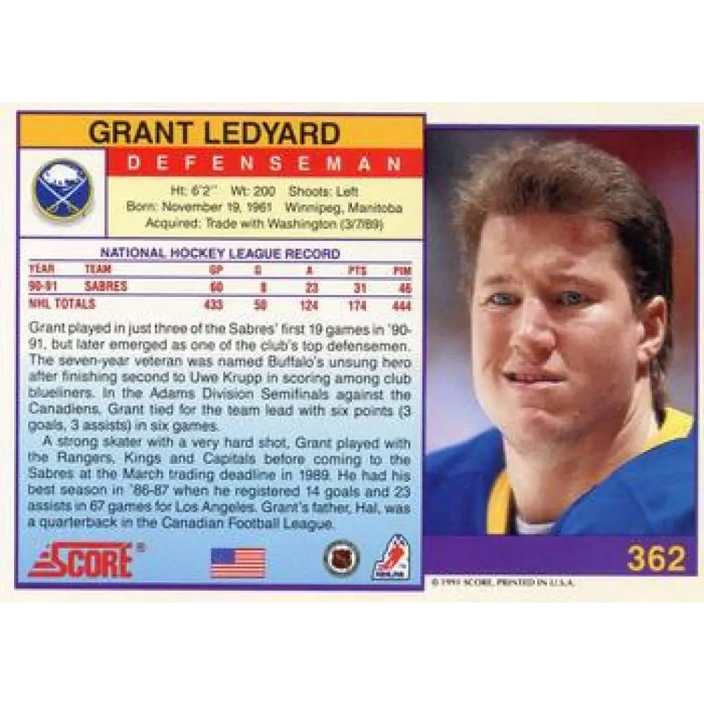 1991-92 Score American #362 Grant Ledyard NM-MT Buffalo Sabres Hockey Card  Image 2