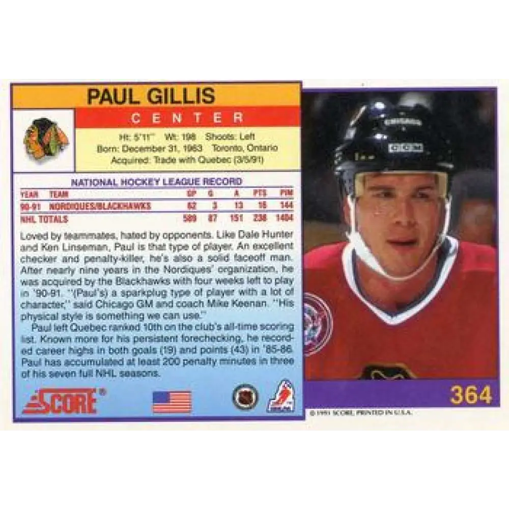 1991-92 Score American #364 Paul Gillis NM-MT Chicago Blackhawks Hockey Card  Image 2