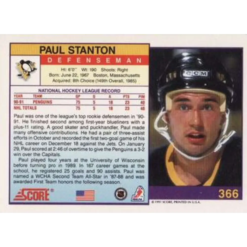 1991-92 Score American #366 Paul Stanton NM-MT Pittsburgh Penguins Hockey Card  Image 2