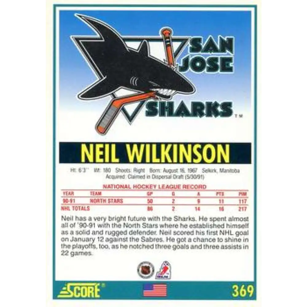 1991-92 Score American #369 Neil Wilkinson NM-MT San Jose Sharks Hockey Card  Image 2