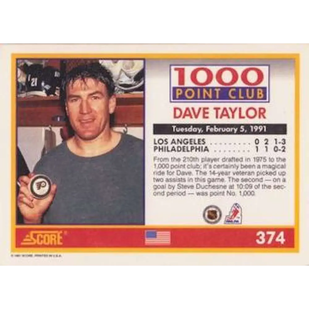 1991-92 Score American #374 Dave Taylor NM-MT Los Angeles Kings Hockey Card  Image 2