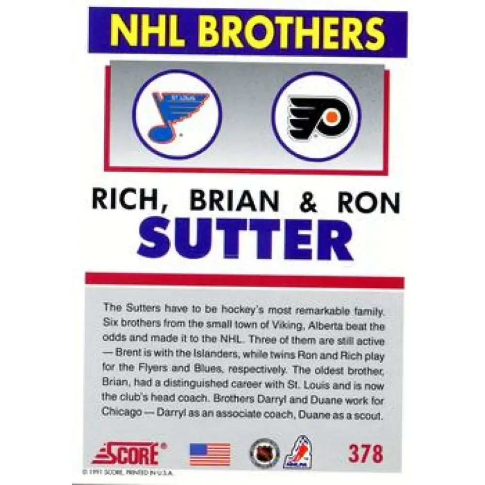1991-92 Score American #378 Ron Sutter/Brian Sutter NM-MT St. Louis Blues Hockey Card  Image 2