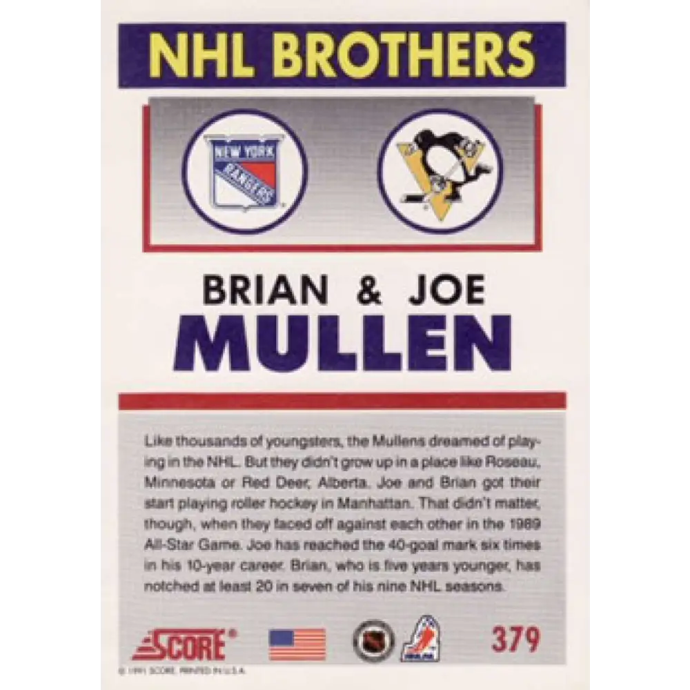 1991-92 Score American #379 Brian Mullen/Joe Mullen NM-MT Hockey Card  Image 2