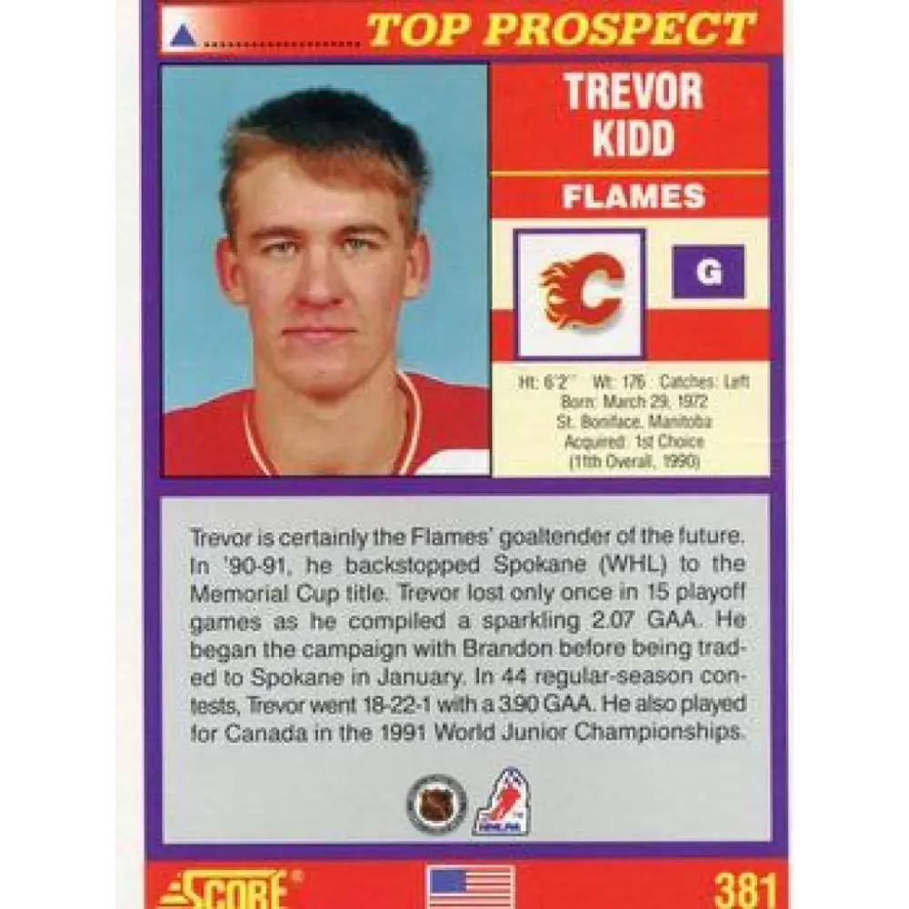 1991-92 Score American #381 Trevor Kidd NM-MT Calgary Flames Hockey Card  Image 2