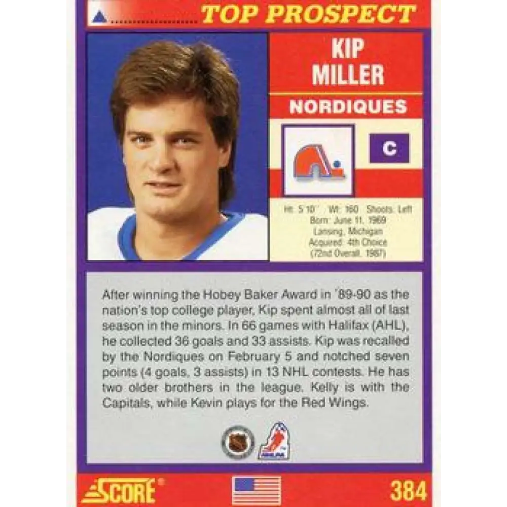 1991-92 Score American #384 Kip Miller NM-MT Quebec Nordiques Hockey Card  Image 2