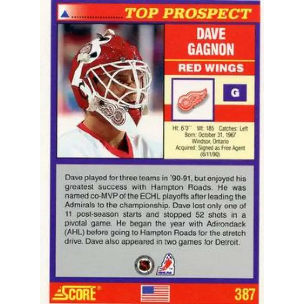1991-92 Score American #387 Dave Gagnon NM-MT Detroit Red Wings Hockey Card  Image 2