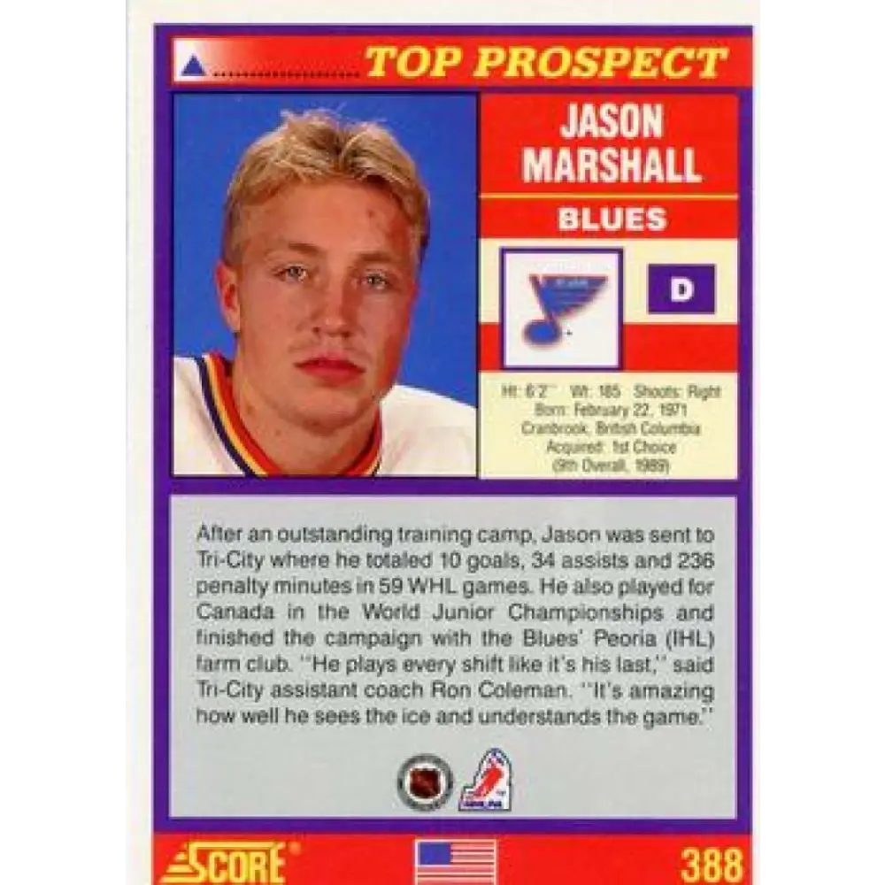 1991-92 Score American #388 Jason Marshall NM-MT St. Louis Blues Hockey Card  Image 2