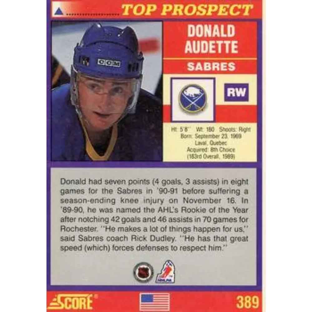 1991-92 Score American #389 Donald Audette NM-MT Buffalo Sabres Hockey Card  Image 2