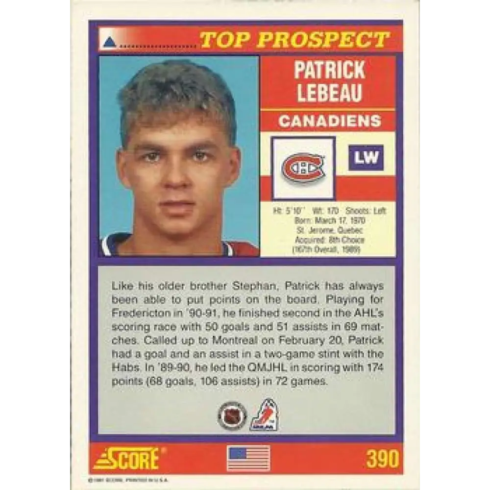1991-92 Score American #390 Patrick Lebeau NM-MT RC Rookie Montreal Canadiens Hockey Card  Image 2