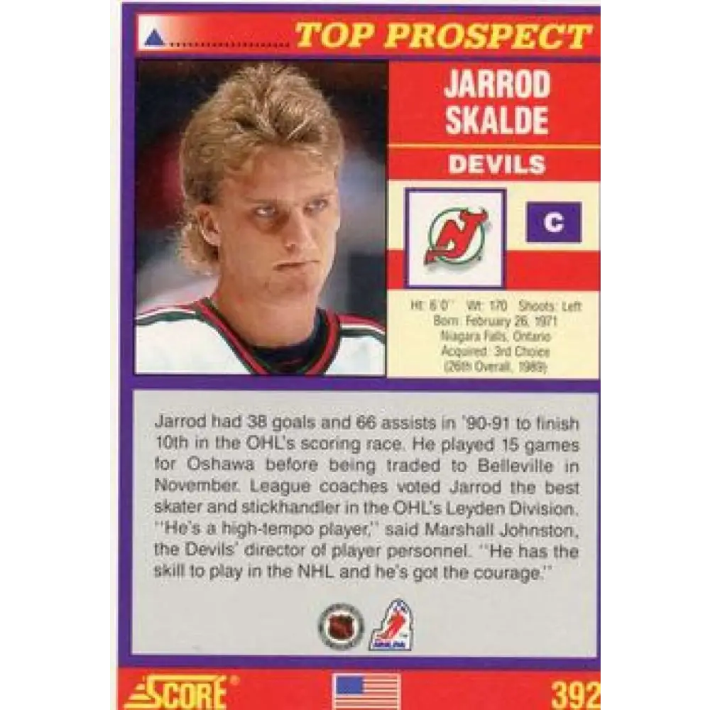 1991-92 Score American #392 Jarrod Skalde NM-MT RC Rookie New Jersey Devils Hockey Card  Image 2