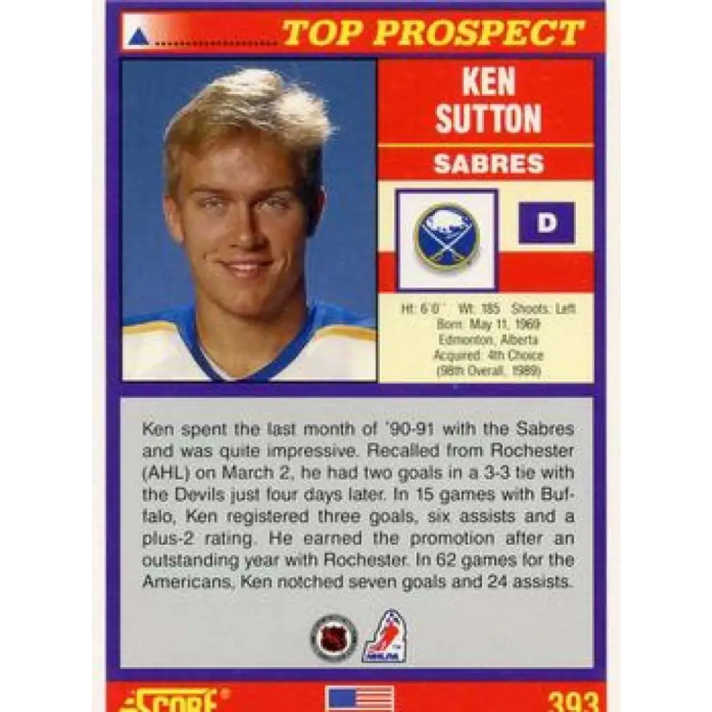 1991-92 Score American #393 Ken Sutton NM-MT RC Rookie Buffalo Sabres Hockey Card  Image 2
