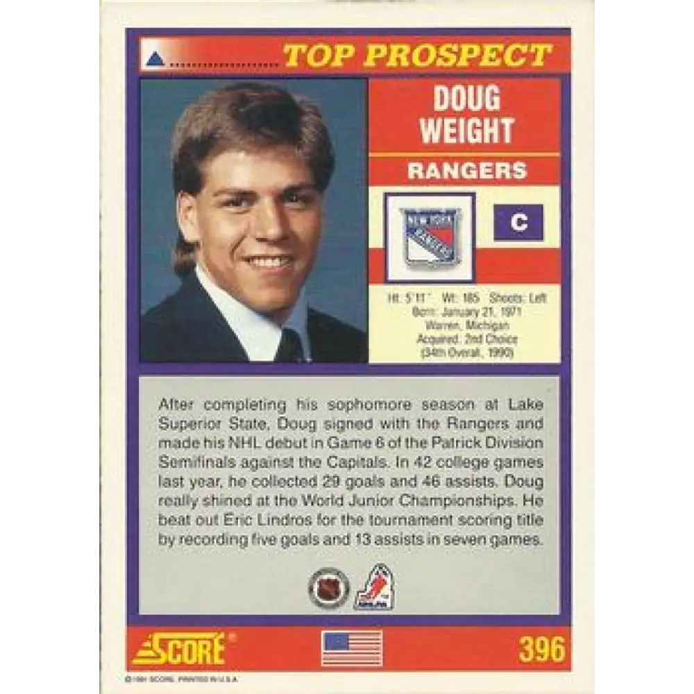 1991-92 Score American #396 Doug Weight NM-MT RC Rookie New York Rangers Hockey Card  Image 2