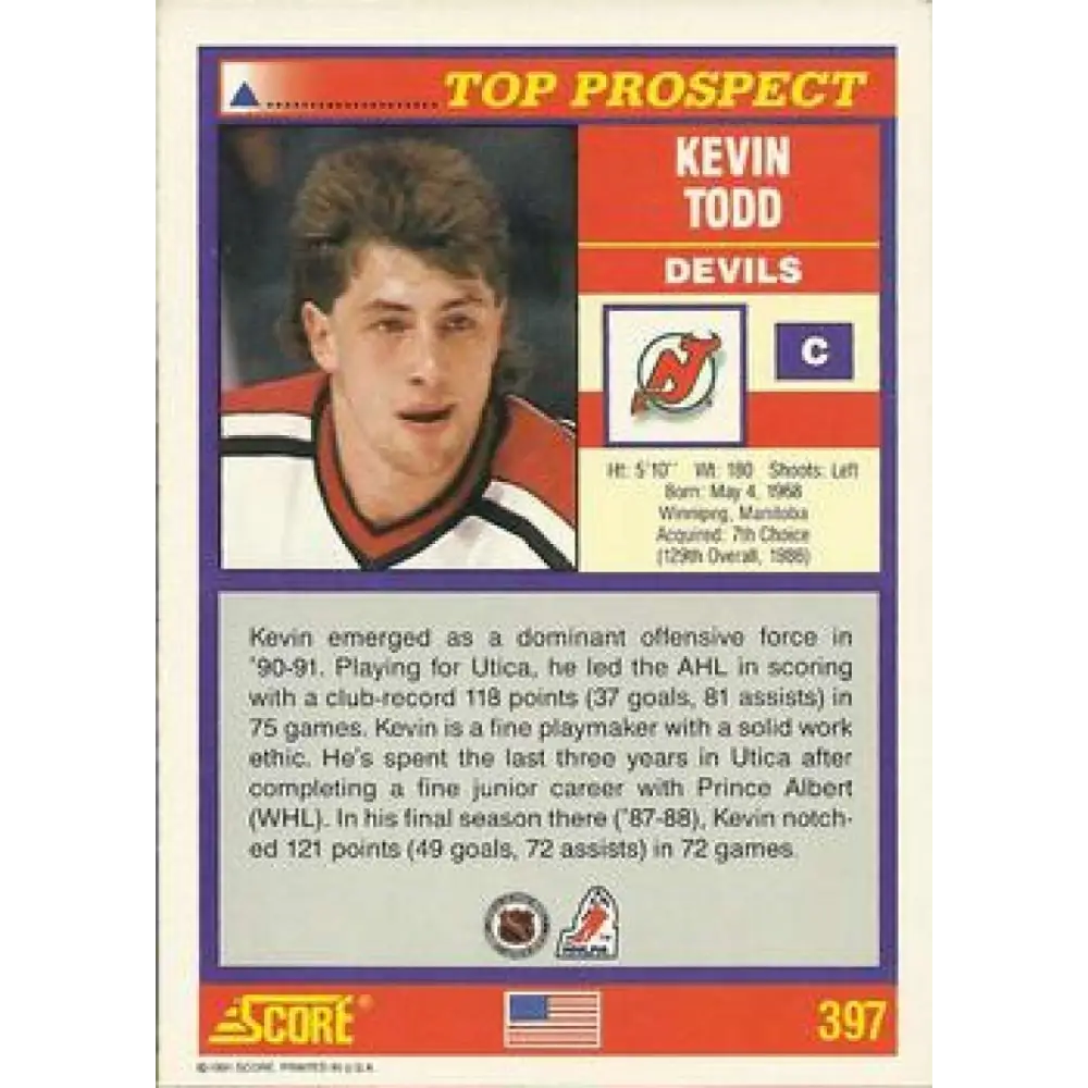 1991-92 Score American #397 Kevin Todd NM-MT RC Rookie New Jersey Devils Hockey Card  Image 2