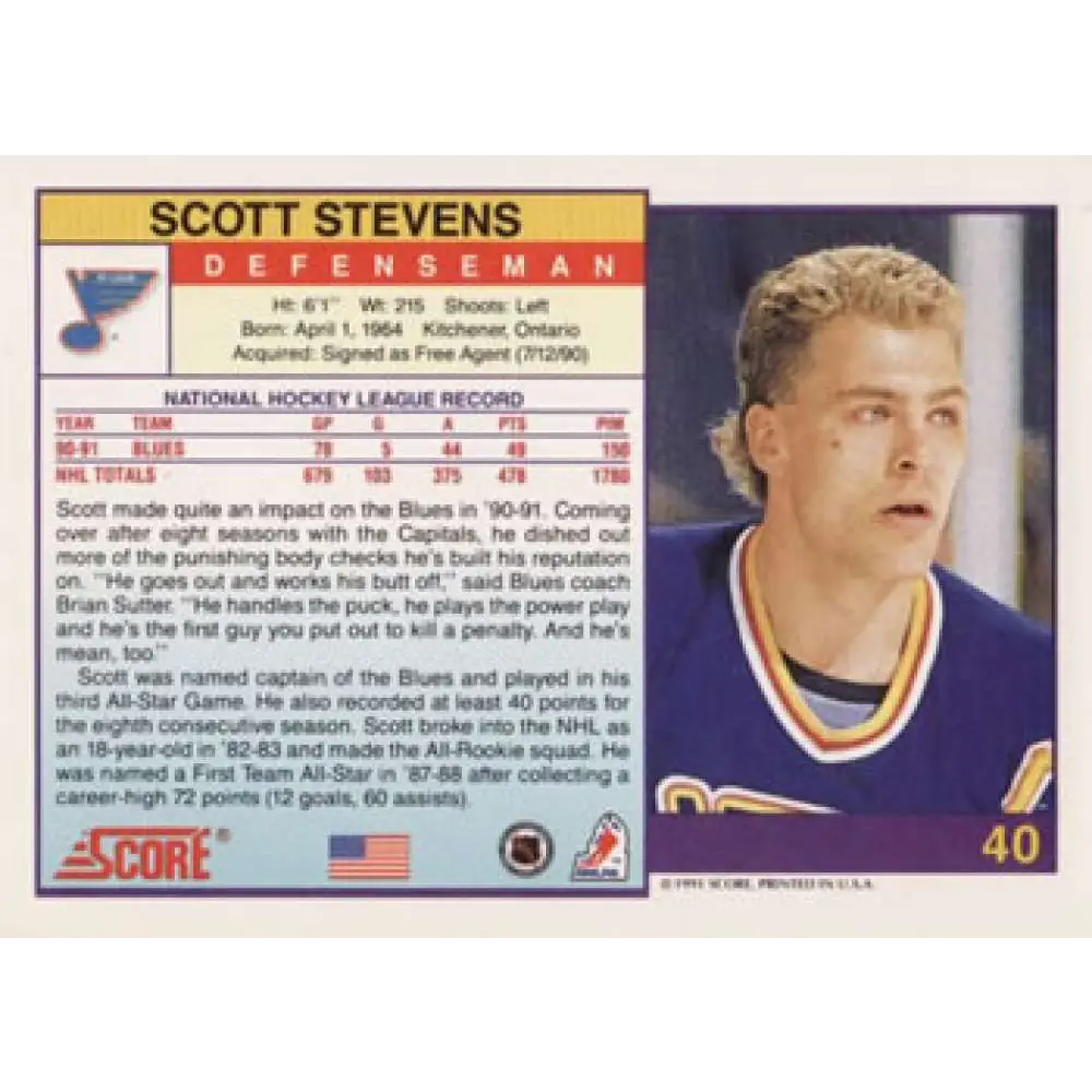1991-92 Score American #40 Scott Stevens NM-MT St. Louis Blues Hockey Card  Image 2