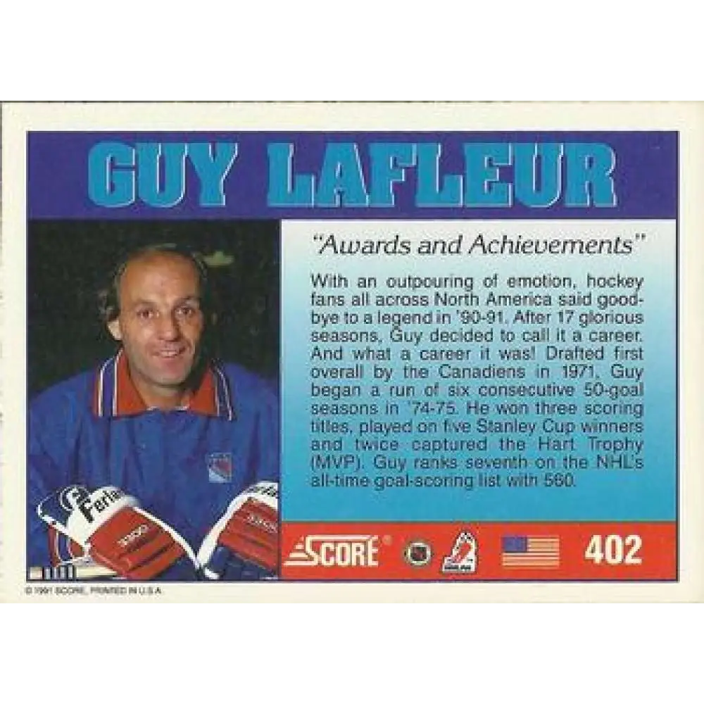 1991-92 Score American #402 Guy Lafleur NM-MT Hockey Card  Image 2