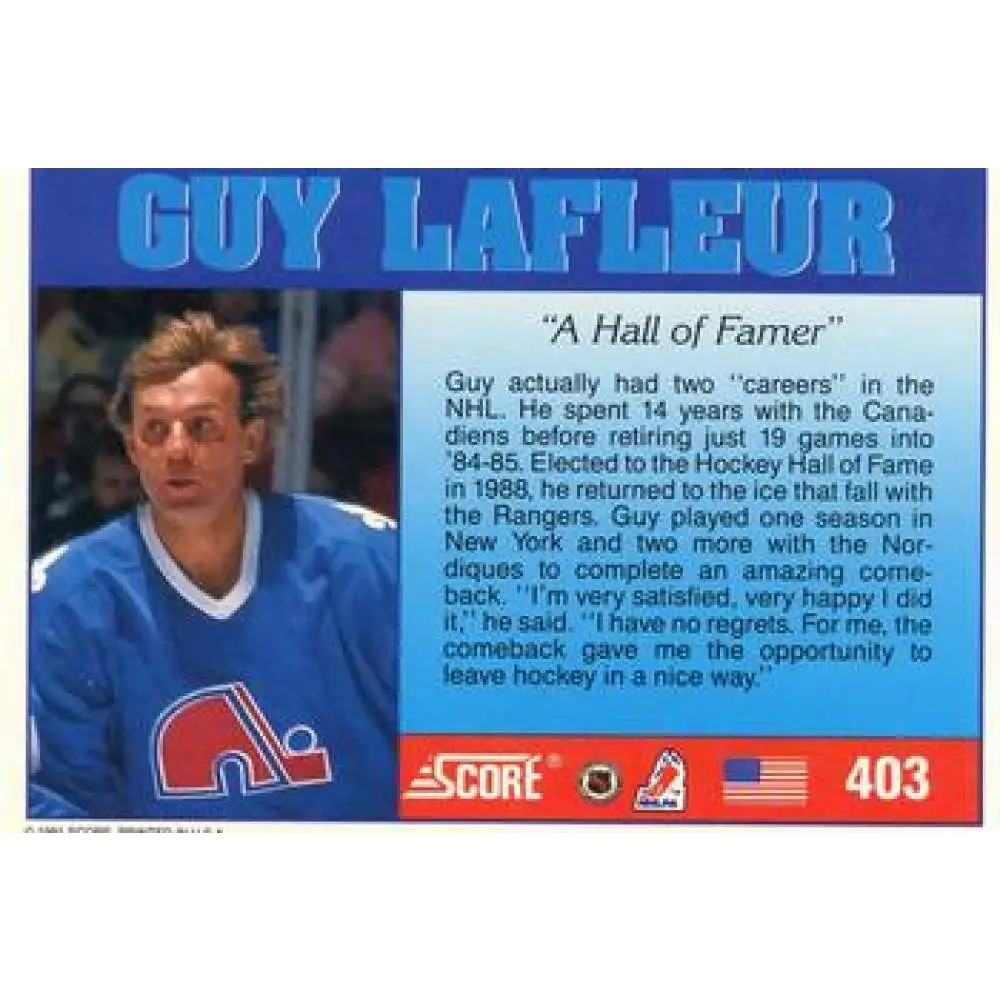 1991-92 Score American #403 Guy Lafleur NM-MT Hockey Card  Image 2