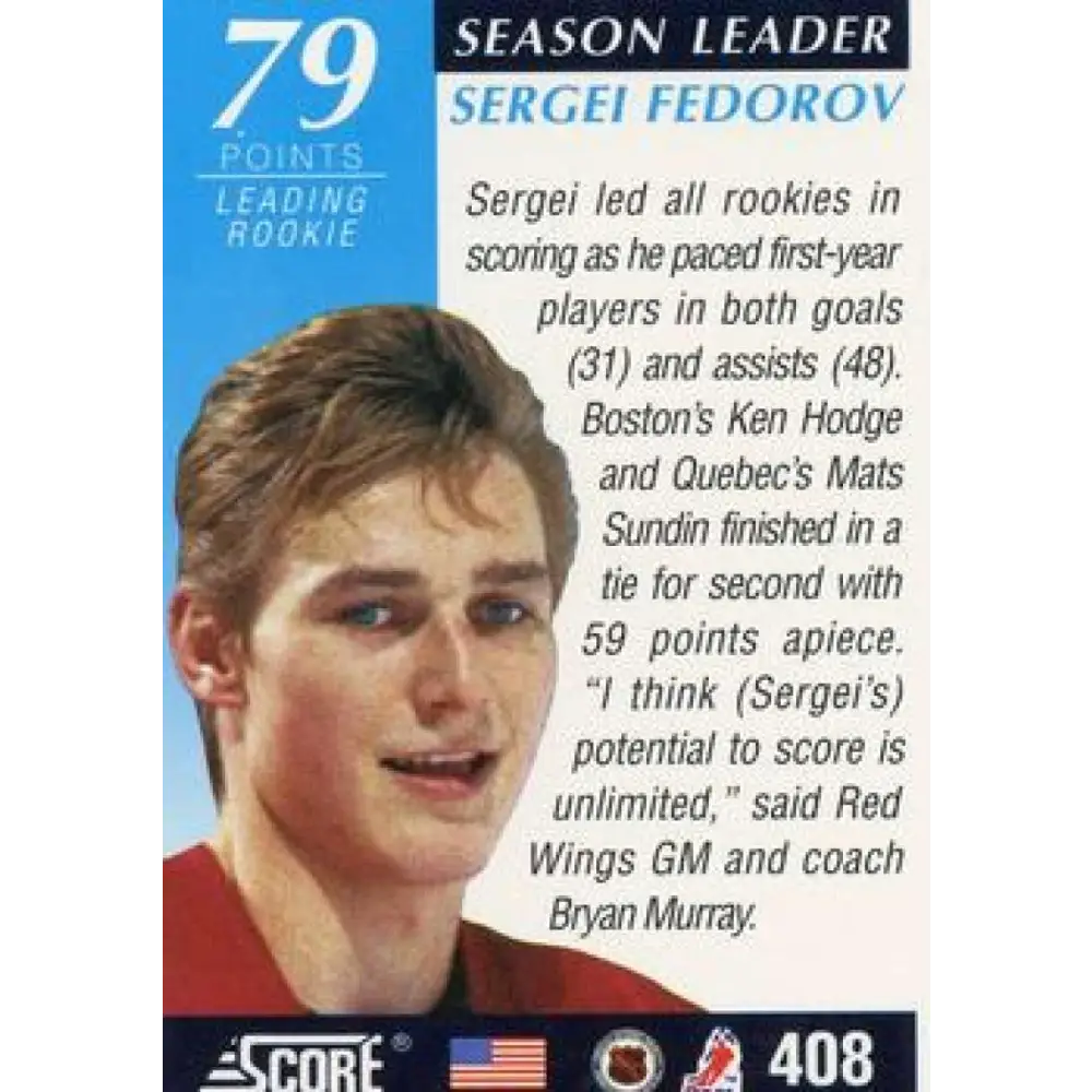 1991-92 Score American #408 Sergei Fedorov NM-MT Detroit Red Wings Hockey Card  Image 2