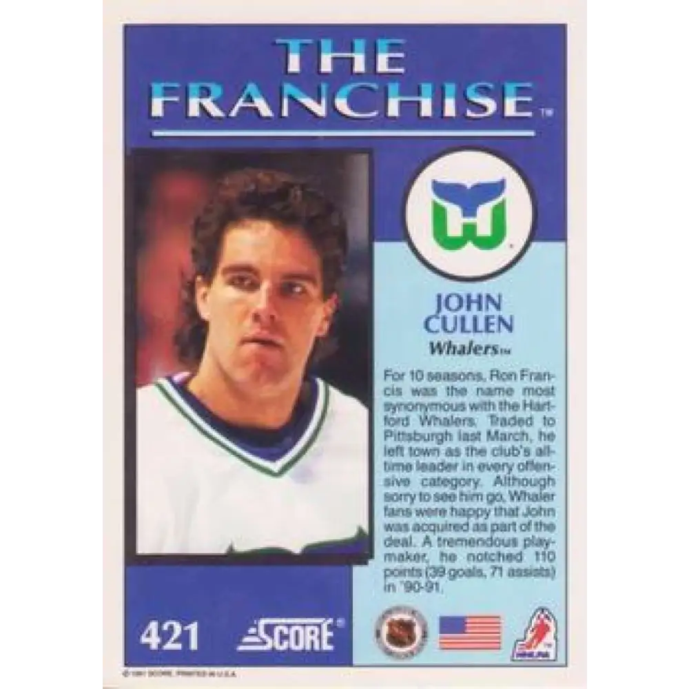 1991-92 Score American #421 John Cullen NM-MT Hartford Whalers Hockey Card  Image 2