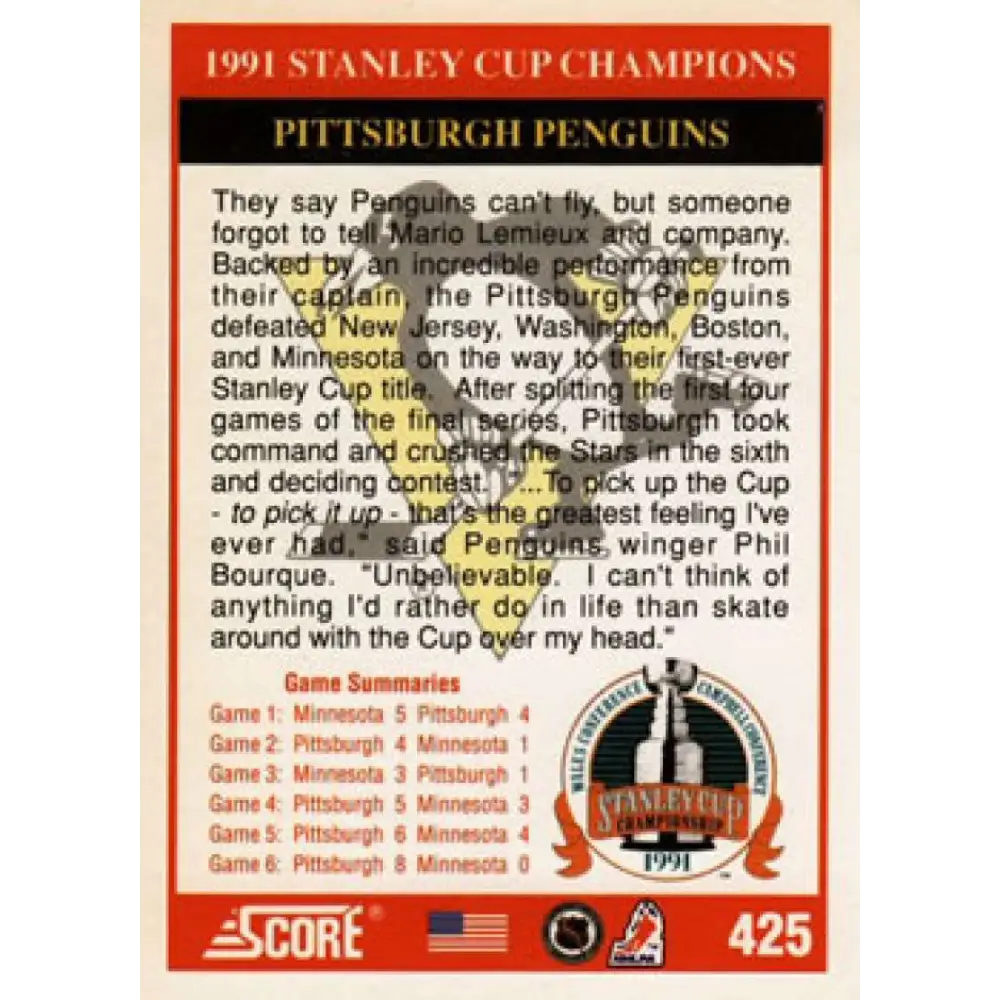 1991-92 Score American #425 Stanley Cup Champs NM-MT Pittsburgh Penguins Hockey Card  Image 2