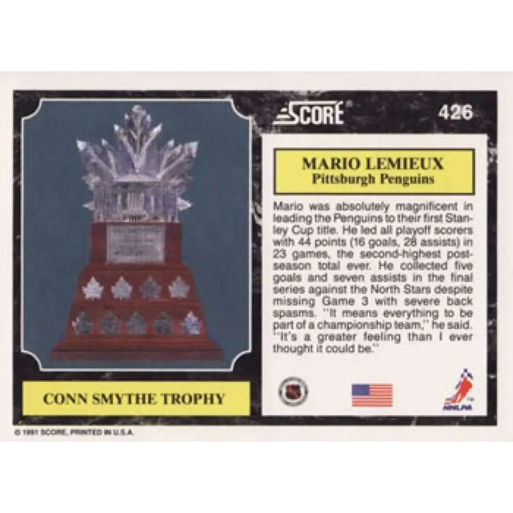 1991-92 Score American #426 Mario Lemieux NM-MT Pittsburgh Penguins Hockey Card  Image 2