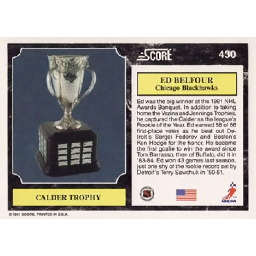1991-92 Score American #430 Ed Belfour NM-MT Chicago Blackhawks Hockey Card  Image 2