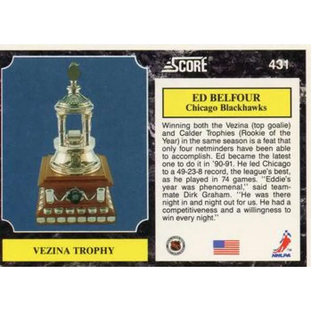 1991-92 Score American #431 Ed Belfour NM-MT Chicago Blackhawks Hockey Card  Image 2