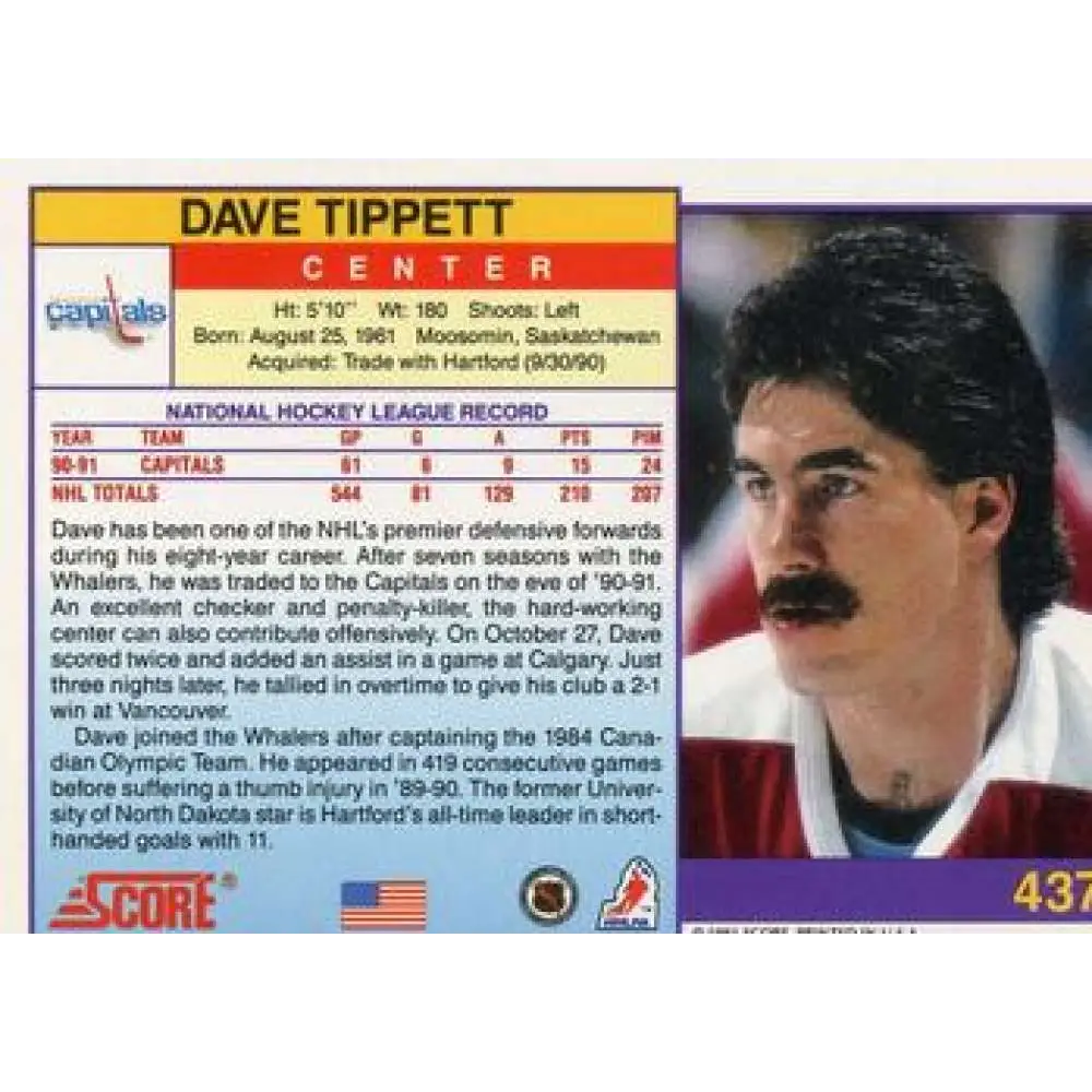 1991-92 Score American #437 Dave Tippett NM-MT Washington Capitals Hockey Card  Image 2