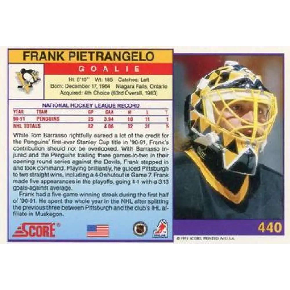 1991-92 Score American #440 Frank Pietrangelo NM-MT Pittsburgh Penguins Hockey Card  Image 2