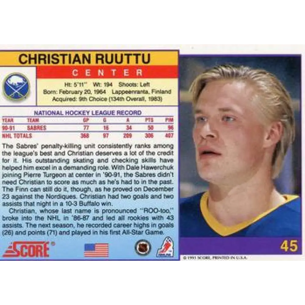 1991-92 Score American #45 Christian Ruuttu NM-MT Buffalo Sabres Hockey Card  Image 2