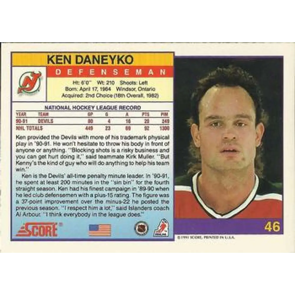 1991-92 Score American #46 Ken Daneyko NM-MT New Jersey Devils Hockey Card  Image 2