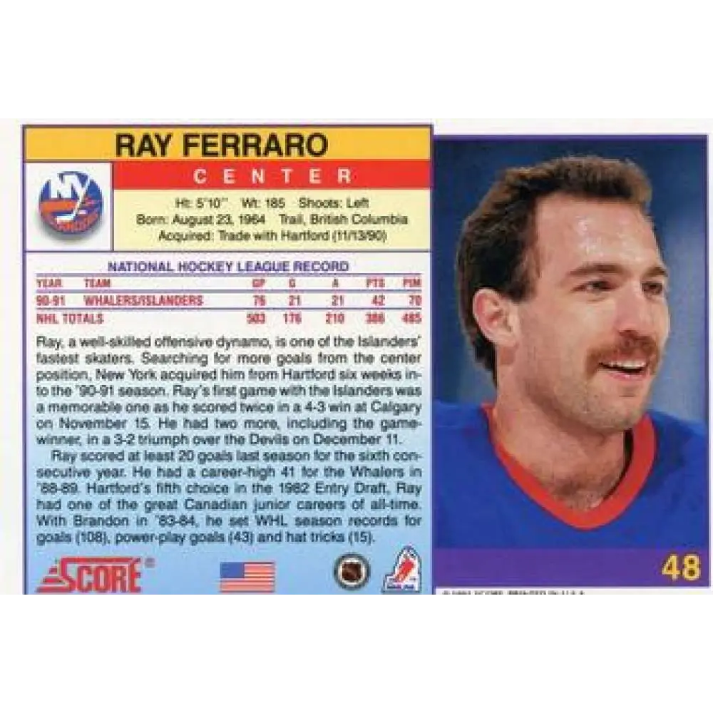 1991-92 Score American #48 Ray Ferraro NM-MT New York Islanders Hockey Card  Image 2