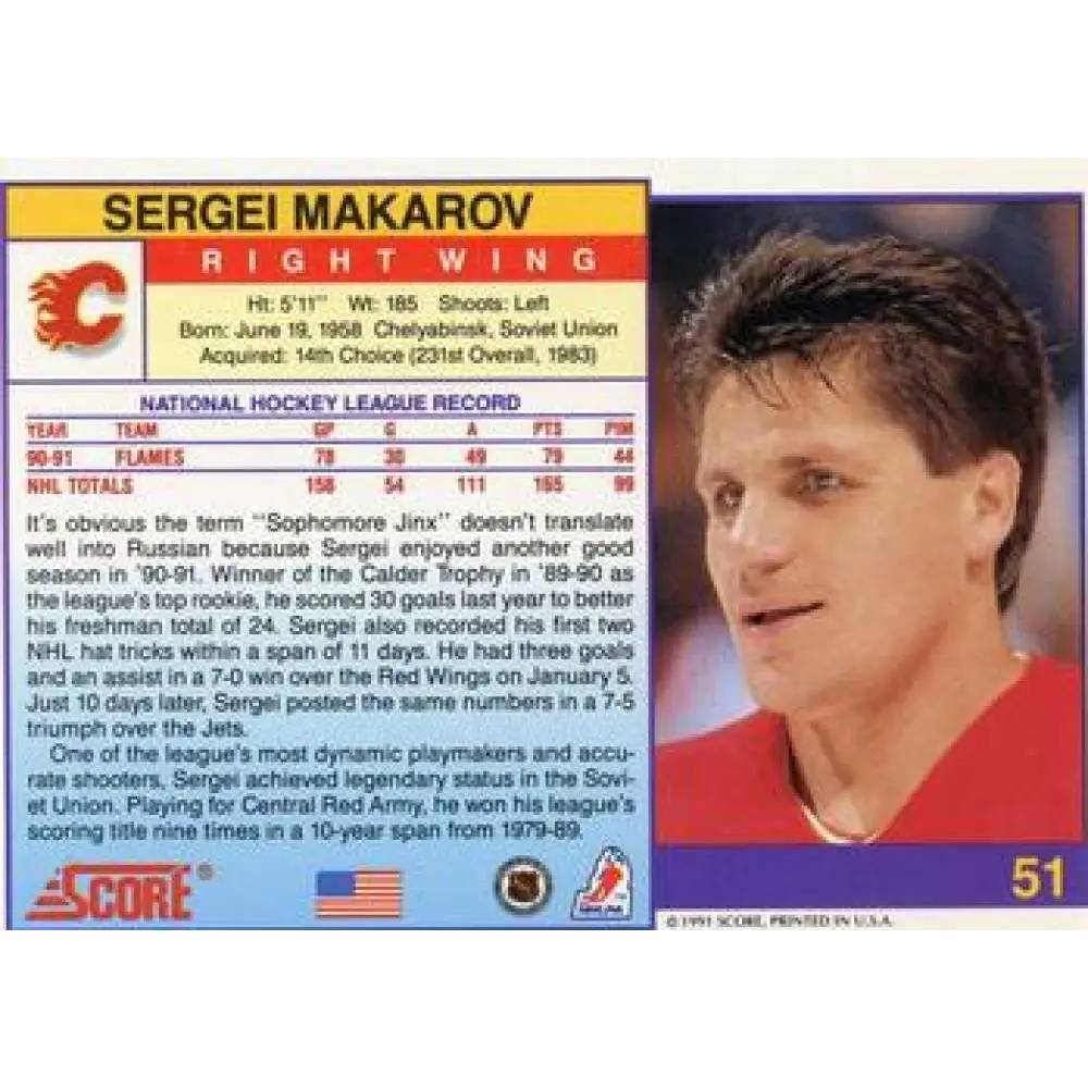 1991-92 Score American #51 Sergei Makarov NM-MT Calgary Flames Hockey Card  Image 2