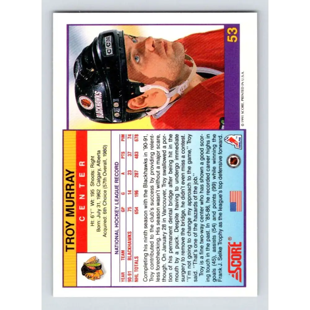 1991-92 Score American #53 Troy Murray NM-MT Chicago Blackhawks Hockey Card  Image 2