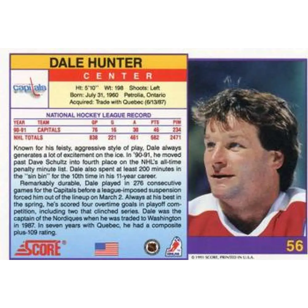 1991-92 Score American #56 Dale Hunter NM-MT Washington Capitals Hockey Card  Image 2