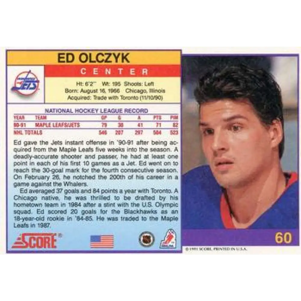 1991-92 Score American #60 Ed Olczyk NM-MT Winnipeg Jets Hockey Card  Image 2
