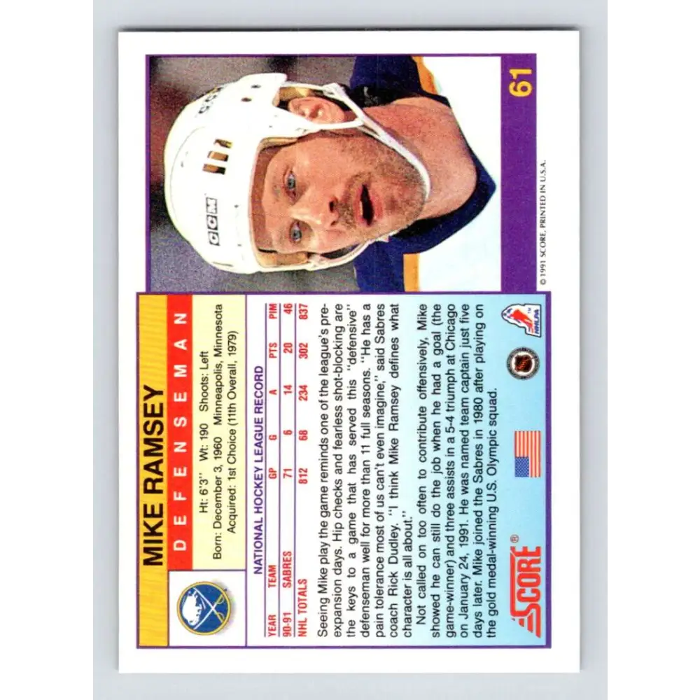 1991-92 Score American #61 Mike Ramsey NM-MT Buffalo Sabres Hockey Card  Image 2