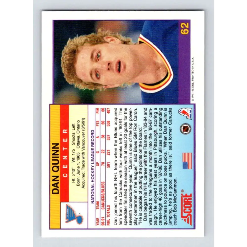 1991-92 Score American #62 Dan Quinn NM-MT St. Louis Blues Hockey Card  Image 2