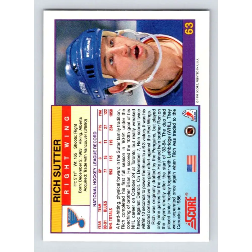 1991-92 Score American #63 Rich Sutter NM-MT St. Louis Blues Hockey Card  Image 2