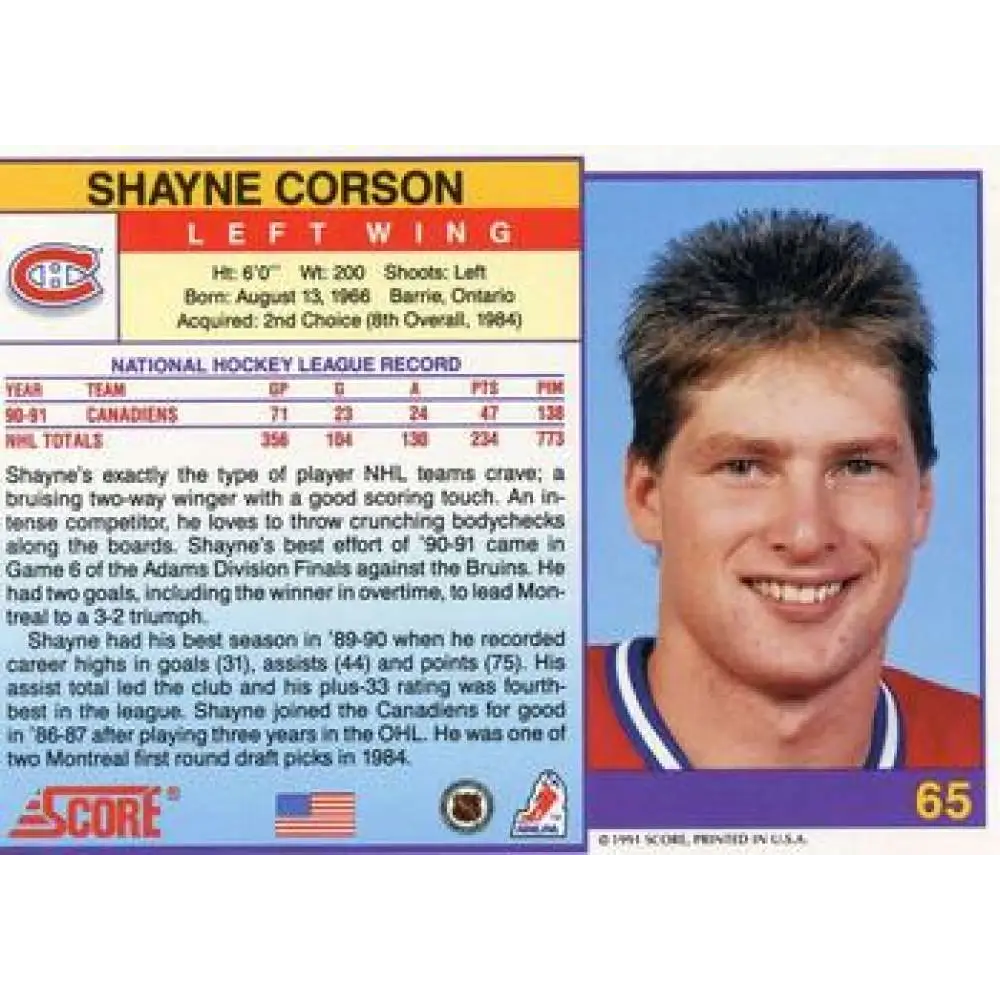 1991-92 Score American #65 Shayne Corson NM-MT Montreal Canadiens Hockey Card  Image 2
