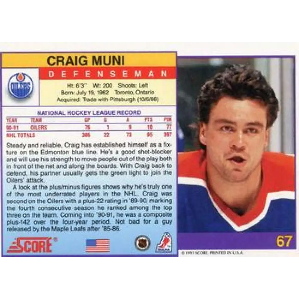 1991-92 Score American #67 Craig Muni NM-MT Edmonton Oilers Hockey Card  Image 2